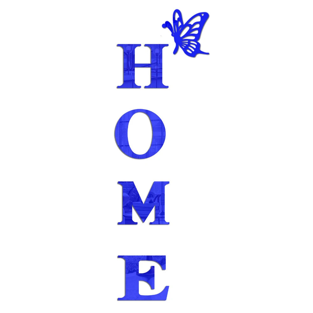 Blue acrylic wall stickers spelling out HOME with a butterfly design