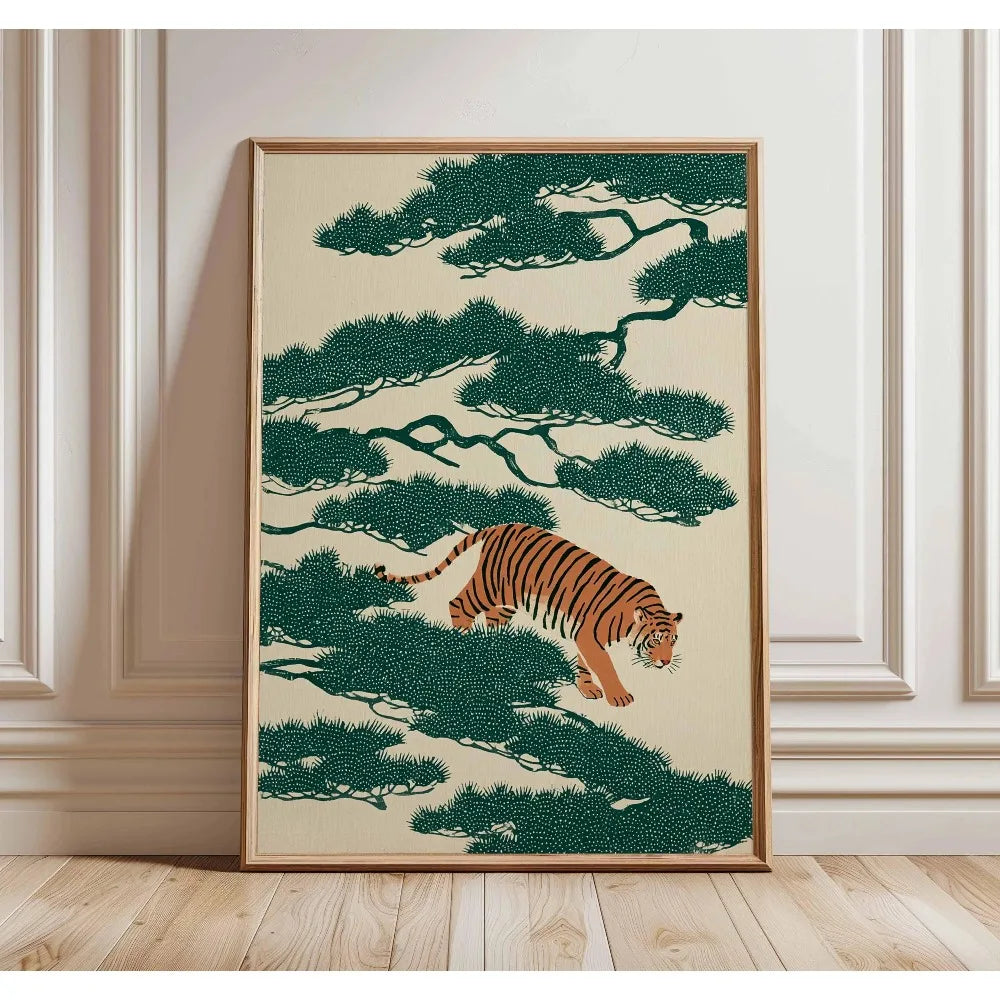 Frameless Japanese tree art canvas print featuring a tiger silhouette against a dark green foliage background.