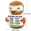 A handcrafted crochet animal doll with a positive message card featuring words like Unique, Brave, Loved, Chosen, Strong, and