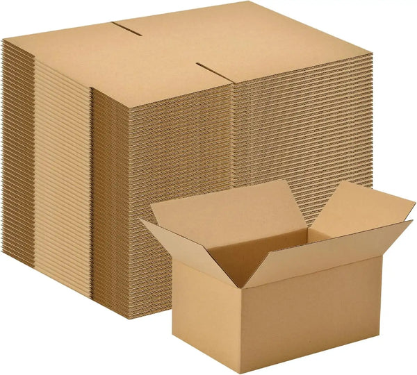 A stack of 100 sturdy corrugated cardboard shipping boxes in a natural brown color.