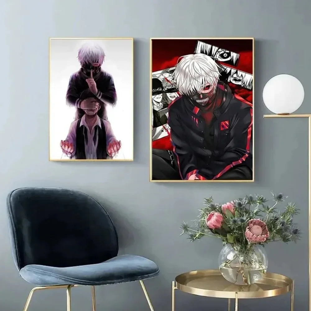 A set of two framed anime posters featuring characters from Tokyo Ghoul in a dark and dramatic style.