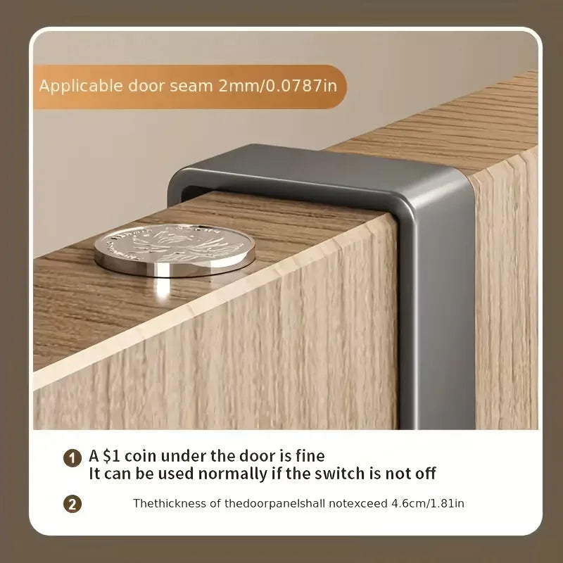 A metal door seam fitting is shown next to a wooden panel, with instructions for use provided.