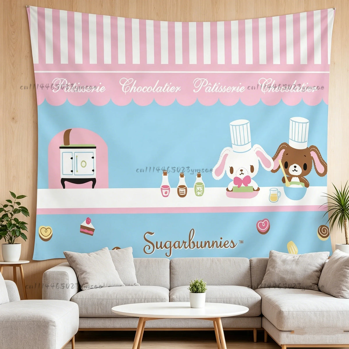 A pink and blue striped tapestry featuring cute animal characters and text for a bakery theme
