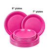 A pink disposable paper plate set featuring both 7 inch and 9 inch round plates.