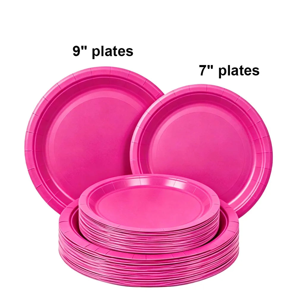A pink disposable paper plate set featuring both 7 inch and 9 inch round plates.
