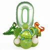 Avocado green number zero balloon decor kit featuring a large zero and various dinosaur-themed balloons