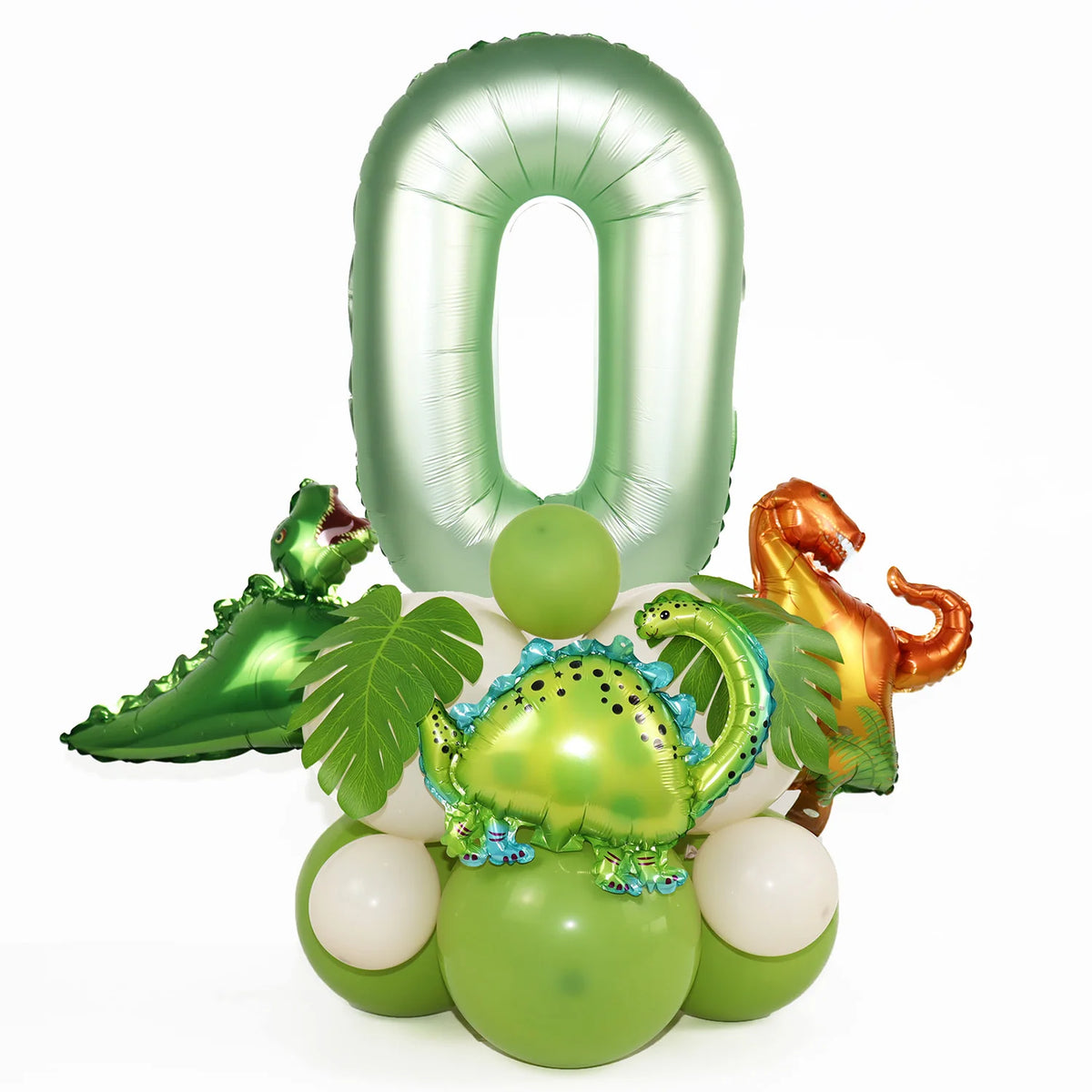 Avocado green number zero balloon decor kit featuring a large zero and various dinosaur-themed balloons