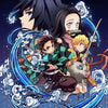 Anime style illustration of a male character with black hair and a female character with dark hair surrounded by blue swirlin