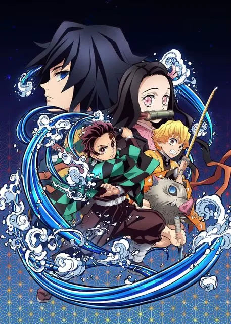 Anime style illustration of a male character with black hair and a female character with dark hair surrounded by blue swirlin