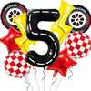 A set of nine foil balloons shaped like the number 5 and a racing tire, in black, yellow, and red.