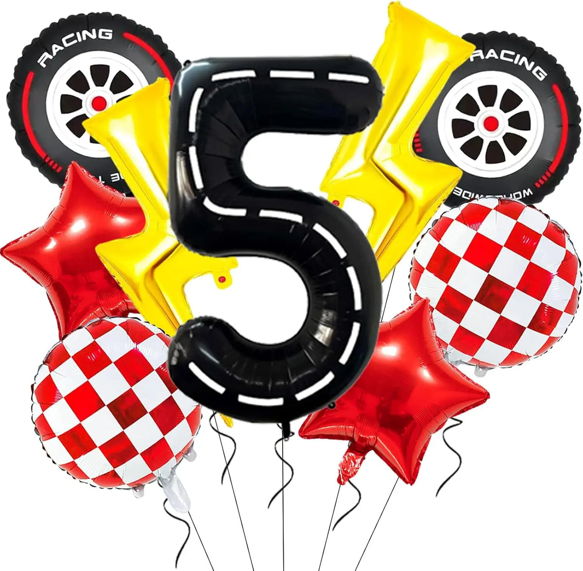 A set of nine foil balloons shaped like the number 5 and a racing tire, in black, yellow, and red.