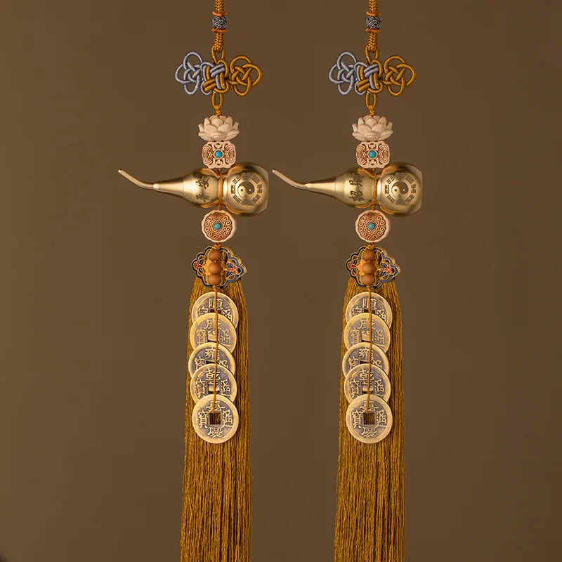 Brass gourd and five emperor coins hanging ornament with gold thread and decorative elements
