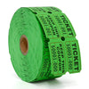 A roll of green tearable raffle tickets with various numbered sections for events and prizes