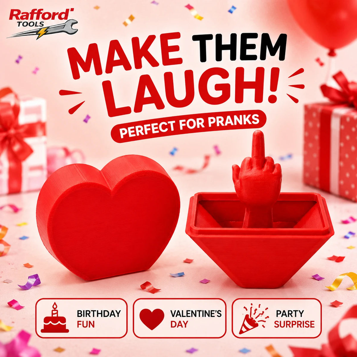 A red 3D printed heart surprise box with a finger, suitable for pranks and gift ideas.
