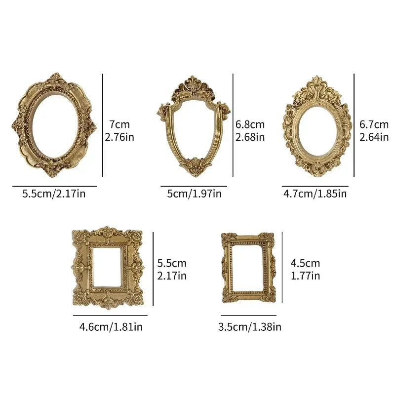 A set of vintage gold-colored resin mini photo frames in various oval and rectangular shapes.