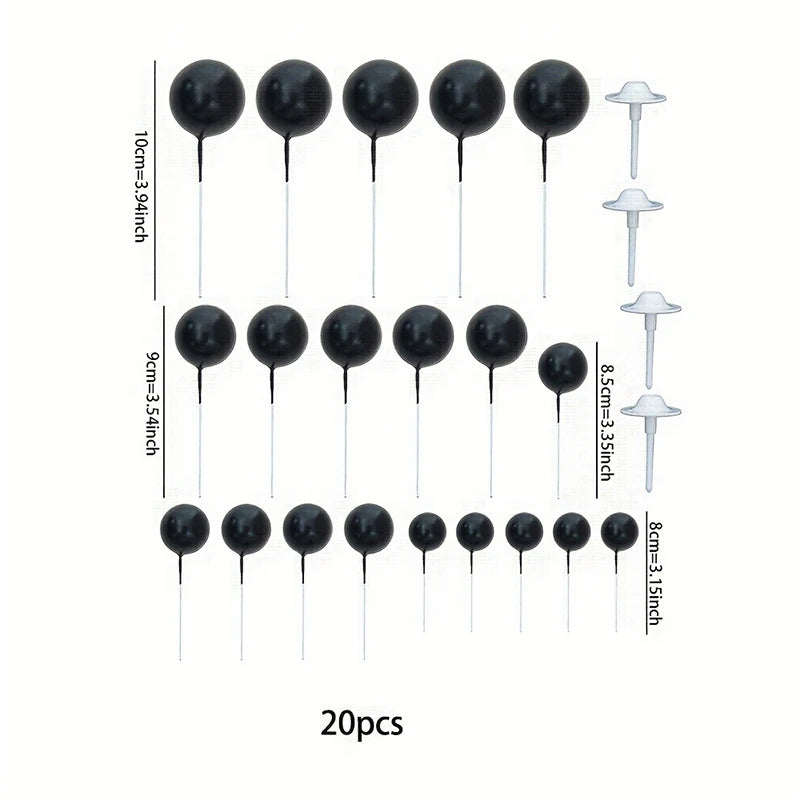 A set of 20 mini foam ball cake toppers in various sizes and shapes for DIY party decor