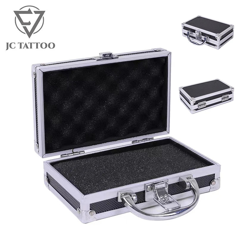 A silver aluminum storage box for a tattoo machine with reinforced corners and a hinged lid.