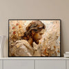 Peinture de Jésus-Christ avec des cheveux et une barbe flottants, sur un fond chaud et texturé.