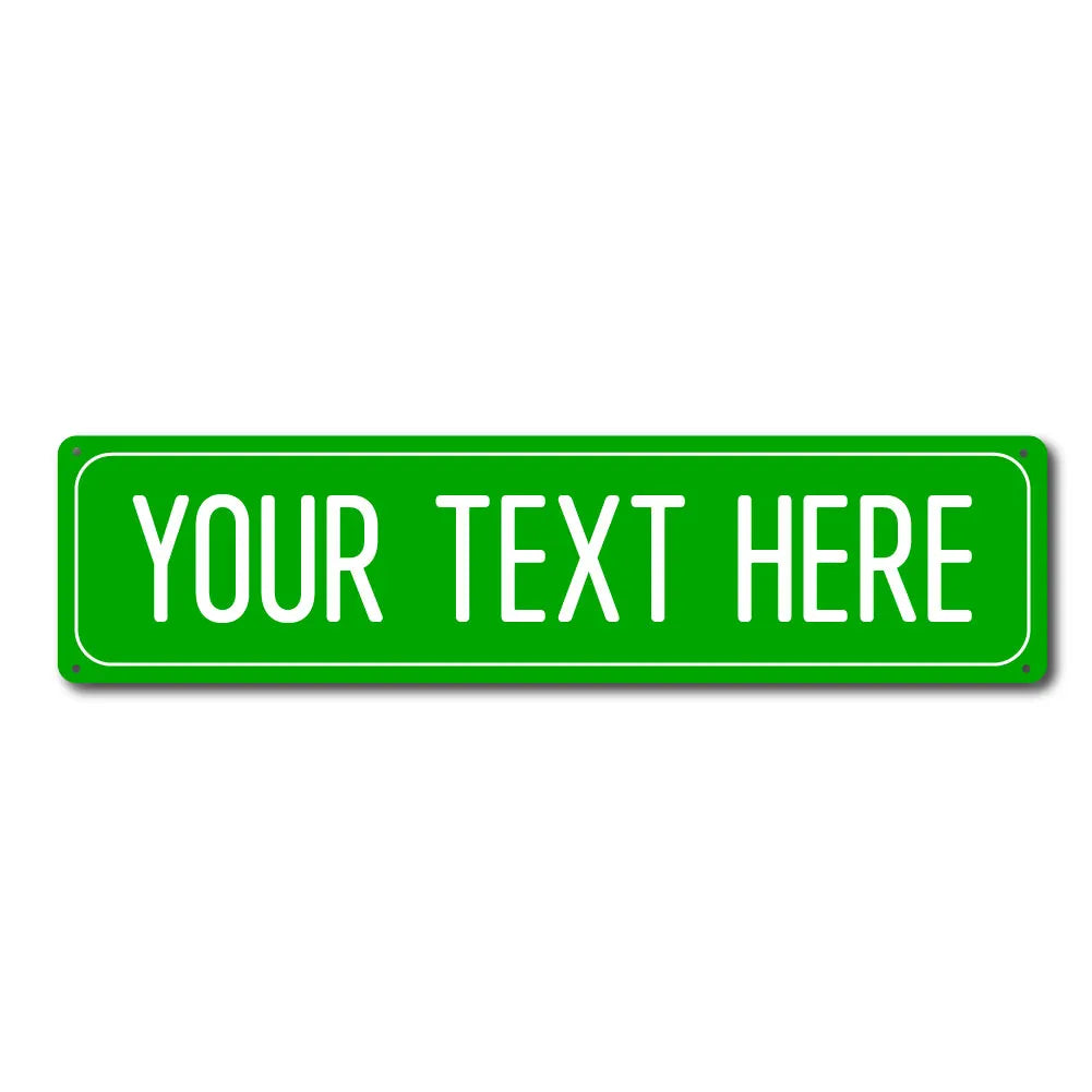 A green rectangular street sign with the text YOUR TEXT HERE on it.