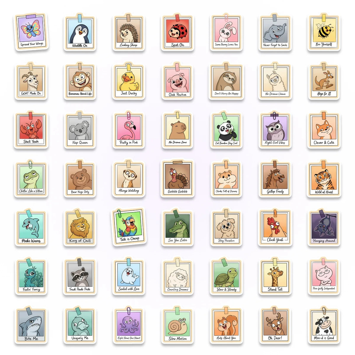 A grid of cute animal vinyl stickers featuring various animals like cats, dogs, and bears for laptops and water bottles.