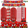 A set of red and black superhero themed party tableware including banners, plates, cups, and plates.