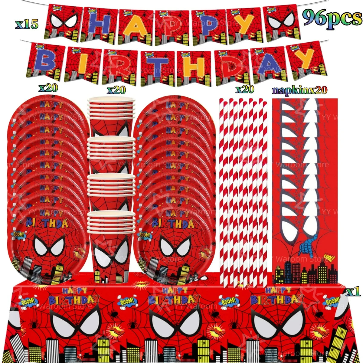 A set of red and black superhero themed party tableware including banners, plates, cups, and plates.
