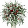 Artificial Norfolk pine picks decorated with red berries and pine cones.