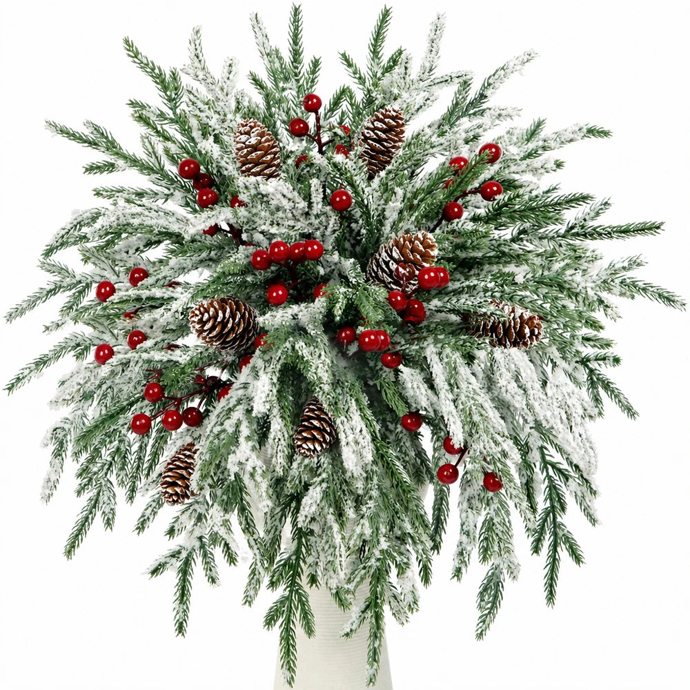 Artificial Norfolk pine picks decorated with red berries and pine cones.