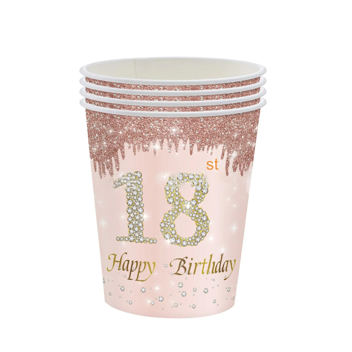 A pink disposable cup with rose gold glitter and diamond accents, marked with the number 18 and Happy Birthday text.