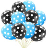 Un juego de globos de látex a rayas en negro y azul, atados con hilos de oro.
