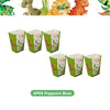 Six green popcorn boxes with dinosaur themed designs for a birthday party kit