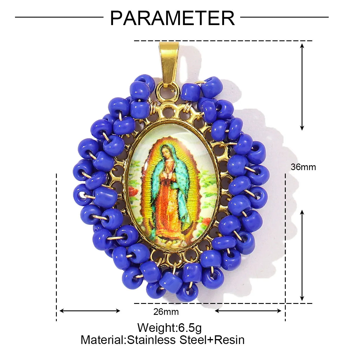 A round pendant charm featuring a depiction of the Virgin Mary in a golden frame surrounded by blue beads and set on a silver