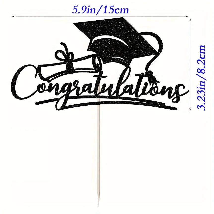 Black silhouette graduation cake topper featuring a mortarboard and the word congratulations