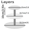 A three-layer clear acrylic cupcake stand with stacked circular tiers, showing various dimensions.