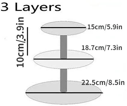 A three-layer clear acrylic cupcake stand with stacked circular tiers, showing various dimensions.