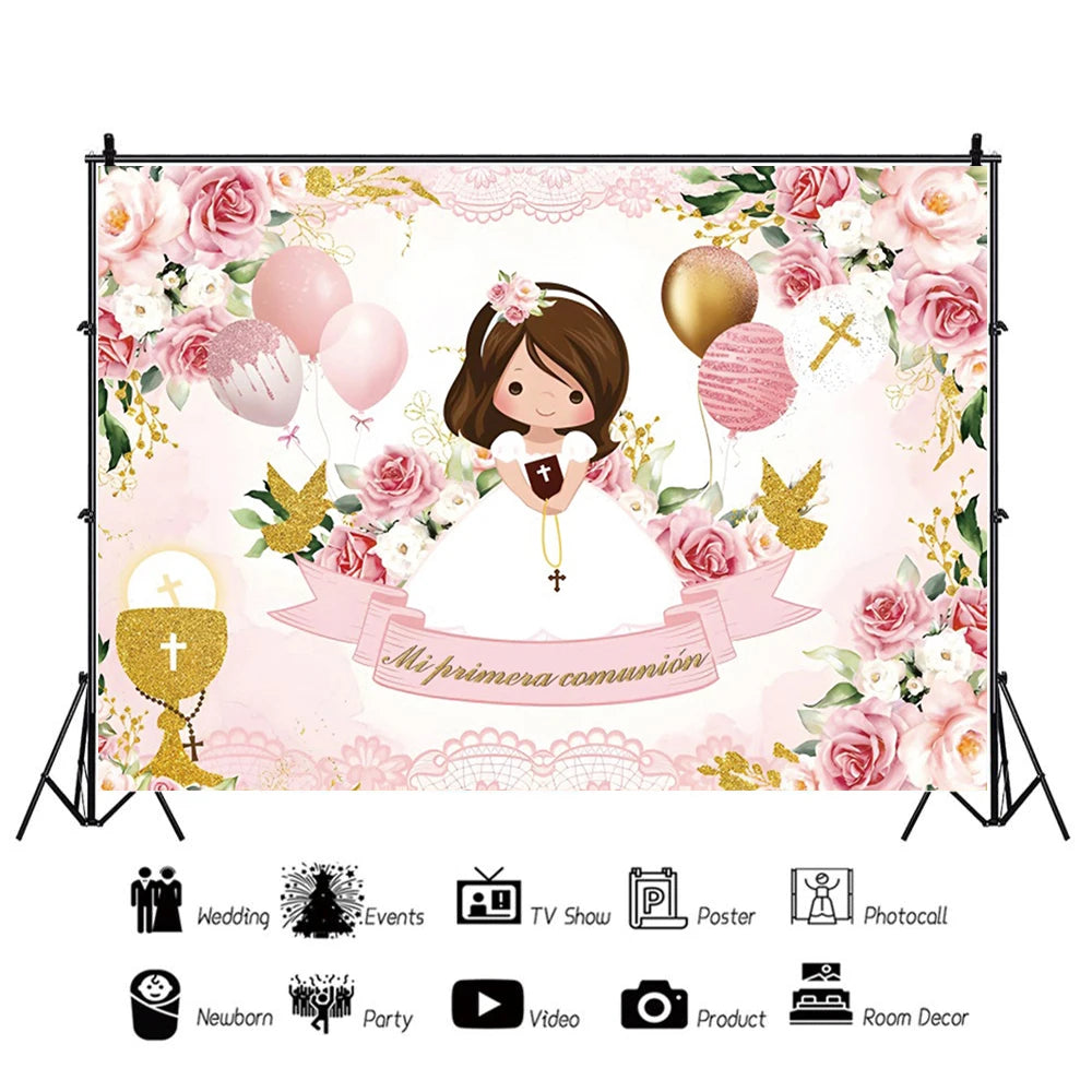 A floral and gold themed photography backdrop for a first communion celebration featuring a child.