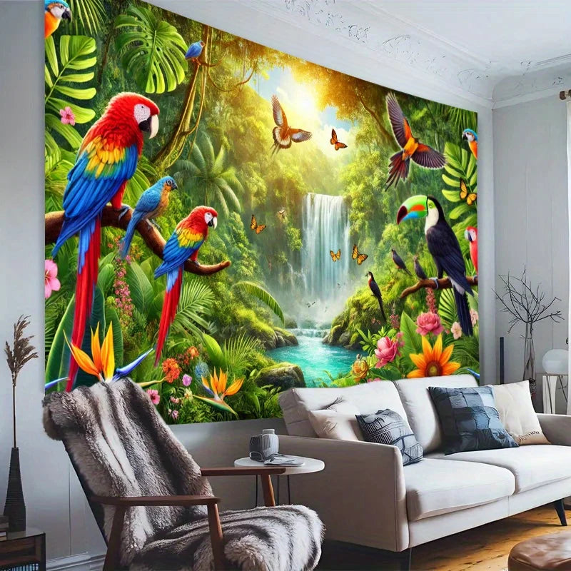 A vibrant photo backdrop banner featuring colorful tropical birds and lush green foliage.