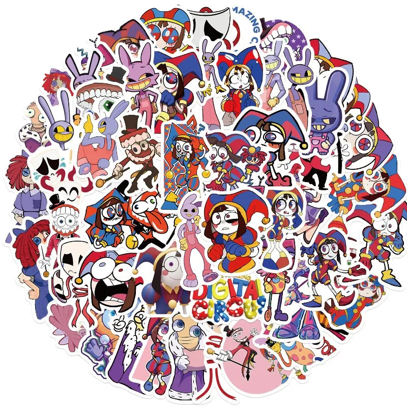 A collection of colorful stickers featuring characters from The Amazing Digital Circus