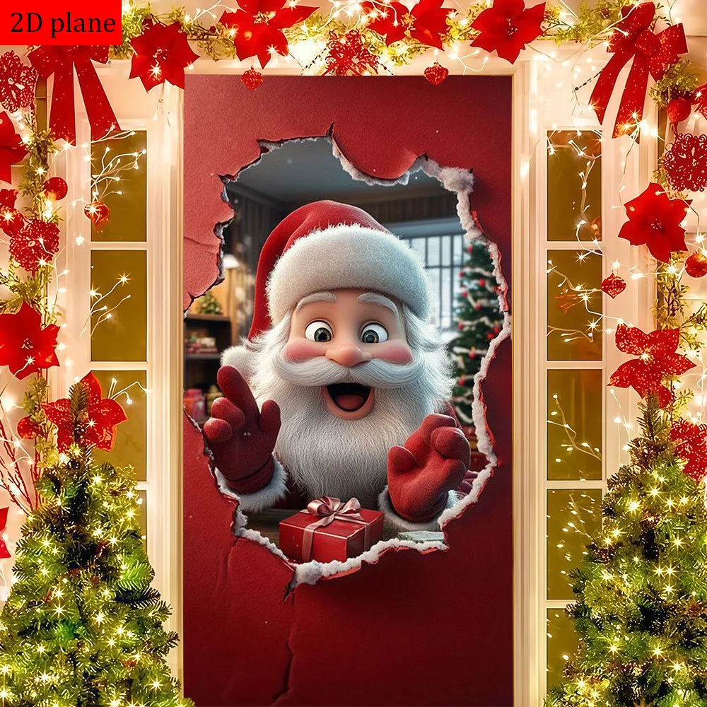 A festive Christmas decoration featuring Santa Claus peering through a torn frame on a red door with surrounding greenery and