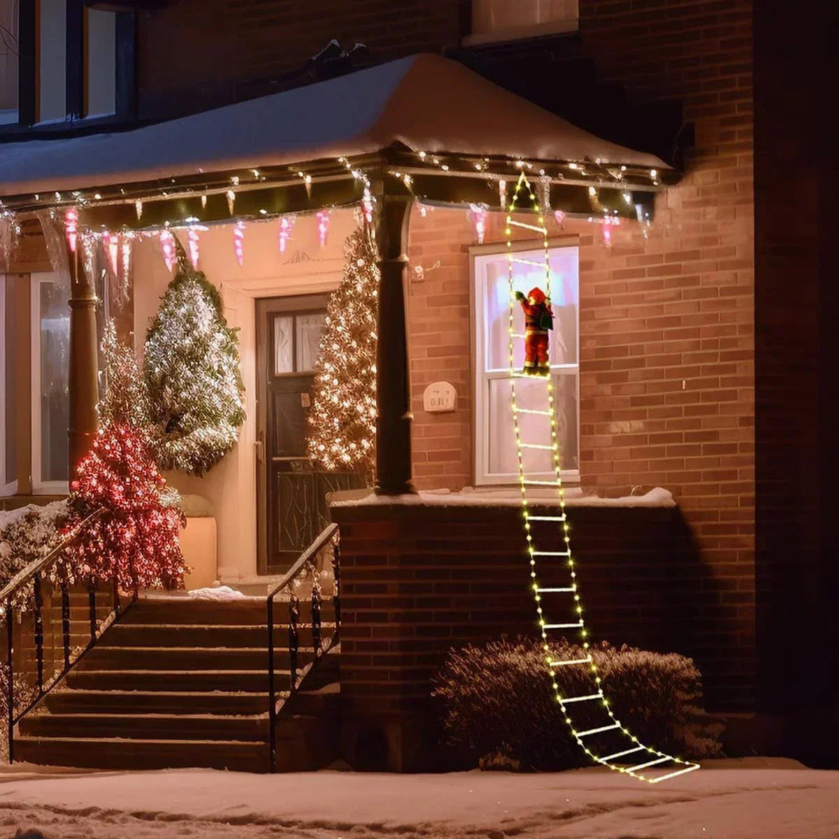 A festive outdoor display featuring a Santa Claus climbing ladder decorated with Christmas lights and draped garlands.