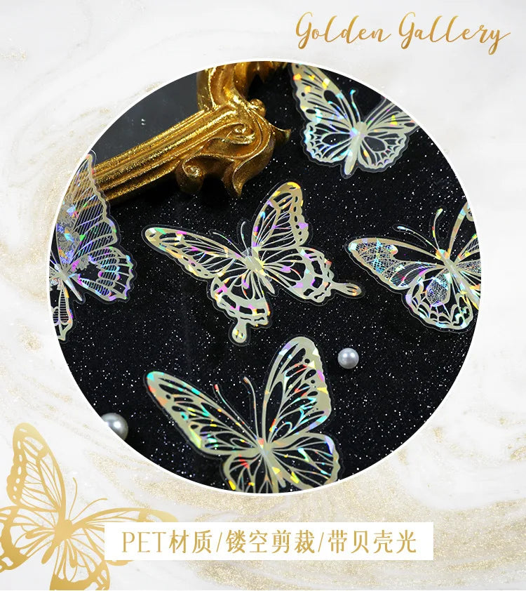 A collection of gold-colored butterfly stickers on a black background, displayed within a circular frame.
