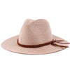 A light pink straw sun hat with a brown braided band and straw brim.