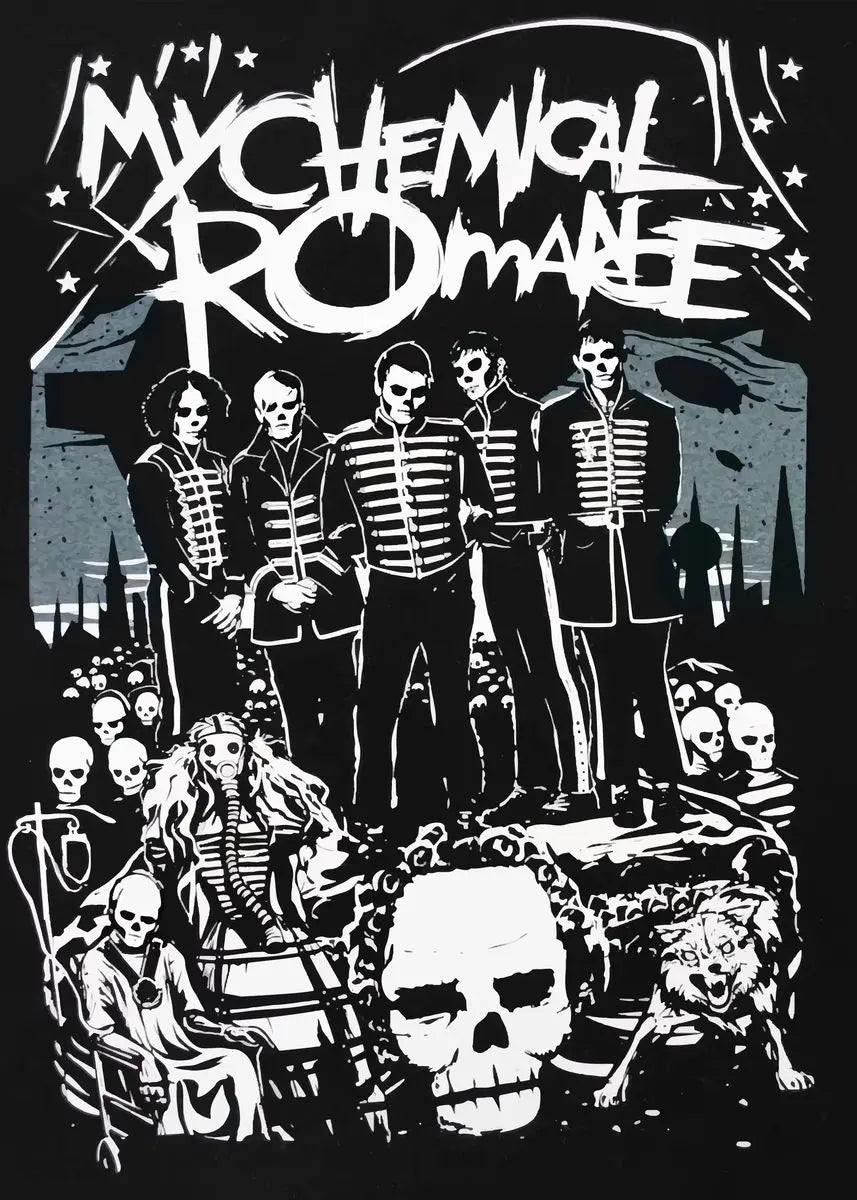 A black and white graphic poster featuring My Chemical Romance band members and skulls.