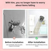 Before and after images showing a clear acrylic shelf divider for cabinet storage, demonstrating improved item safety.