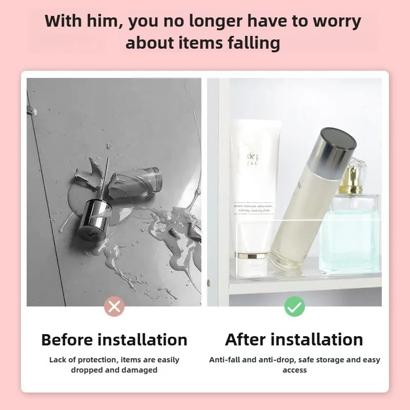 Before and after images showing a clear acrylic shelf divider for cabinet storage, demonstrating improved item safety.