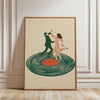 A canvas print featuring a stylized illustration of two figures dancing on a vinyl record, framed in gold.