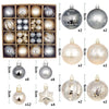 A collection of festive Christmas ball ornaments in various sizes and finishes, including silver, gold, and clear glass.
