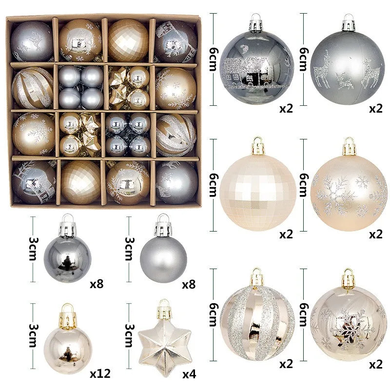 A collection of festive Christmas ball ornaments in various sizes and finishes, including silver, gold, and clear glass.
