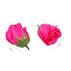 A vibrant pink artificial rose flower head with green sepals and a stem, shown from the side.
