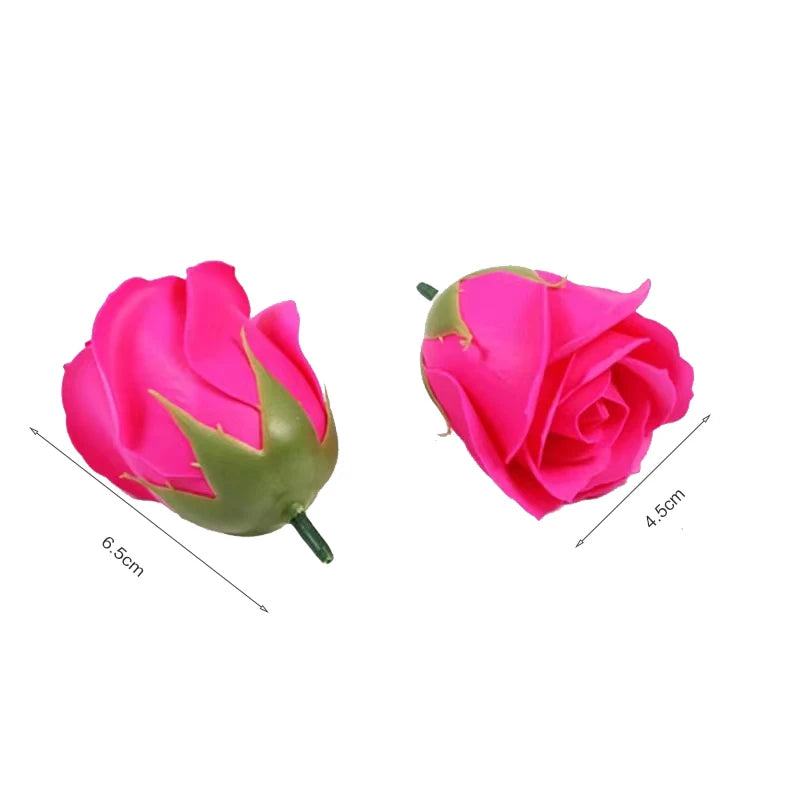 A vibrant pink artificial rose flower head with green sepals and a stem, shown from the side.